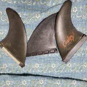 A set of fins [3], for a surfboard. They are medium sized.